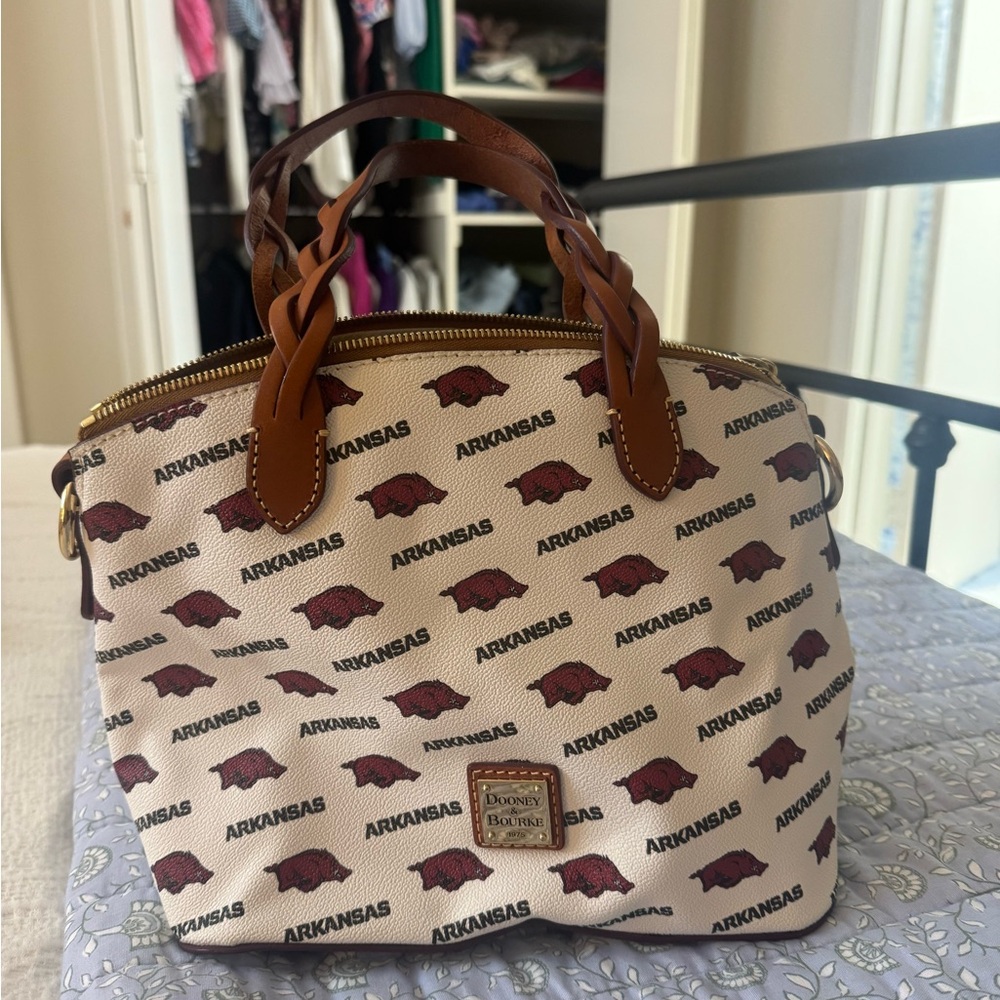 Dooney & Bourke Cream Satchel with Brown Trim and Maroon Razorbacks
